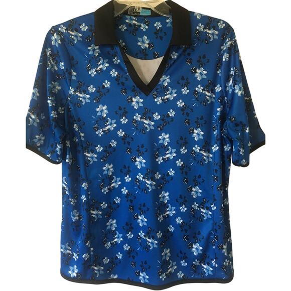 PGA Tour Large V-neck Short Sleeve Top Golf Tennis Pickle Ball Black Blue Floral - Picture 1 of 4